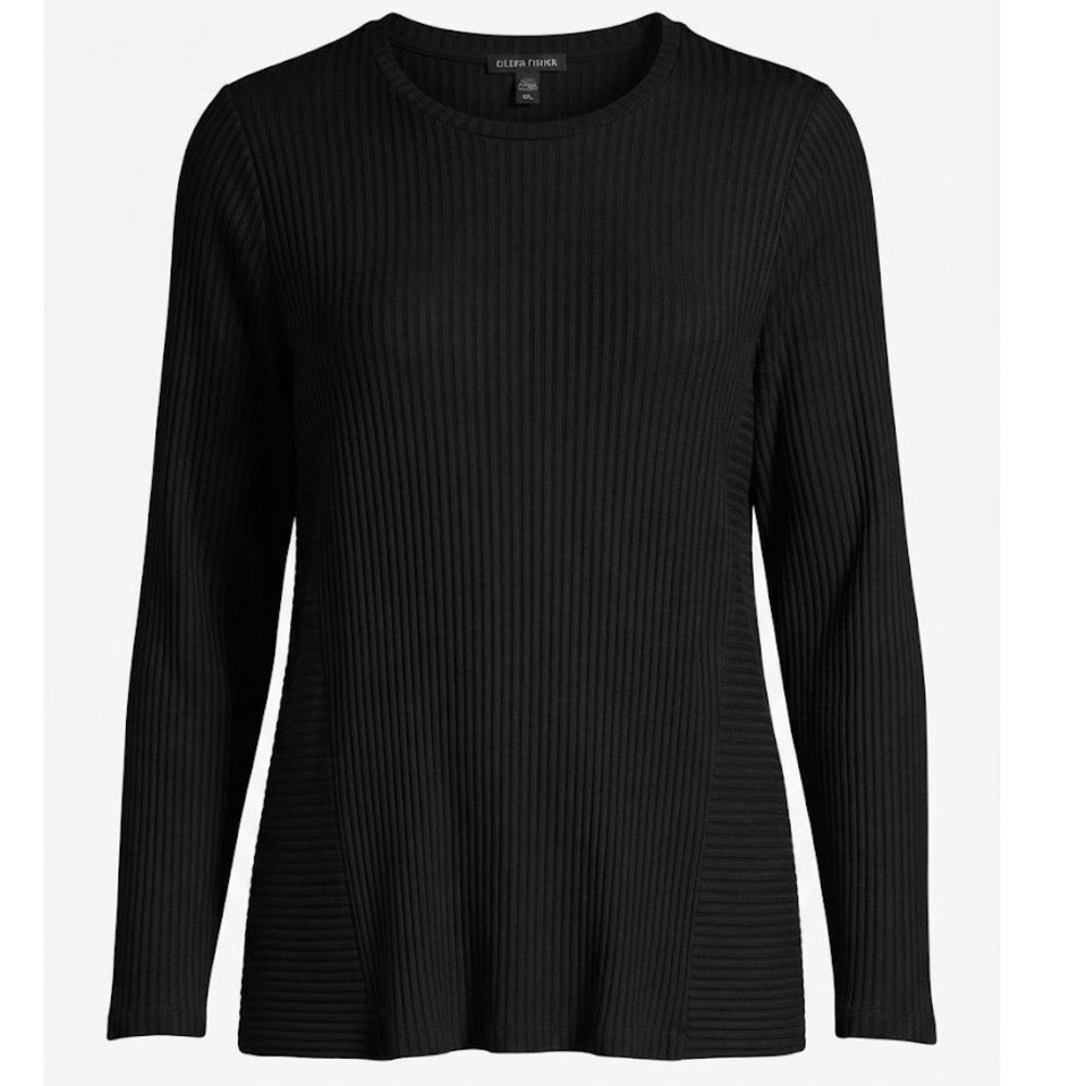 Eileen Fisher Black Ribbed Knit Long Sleeve Crew Neck Tunic Top Medium - AC